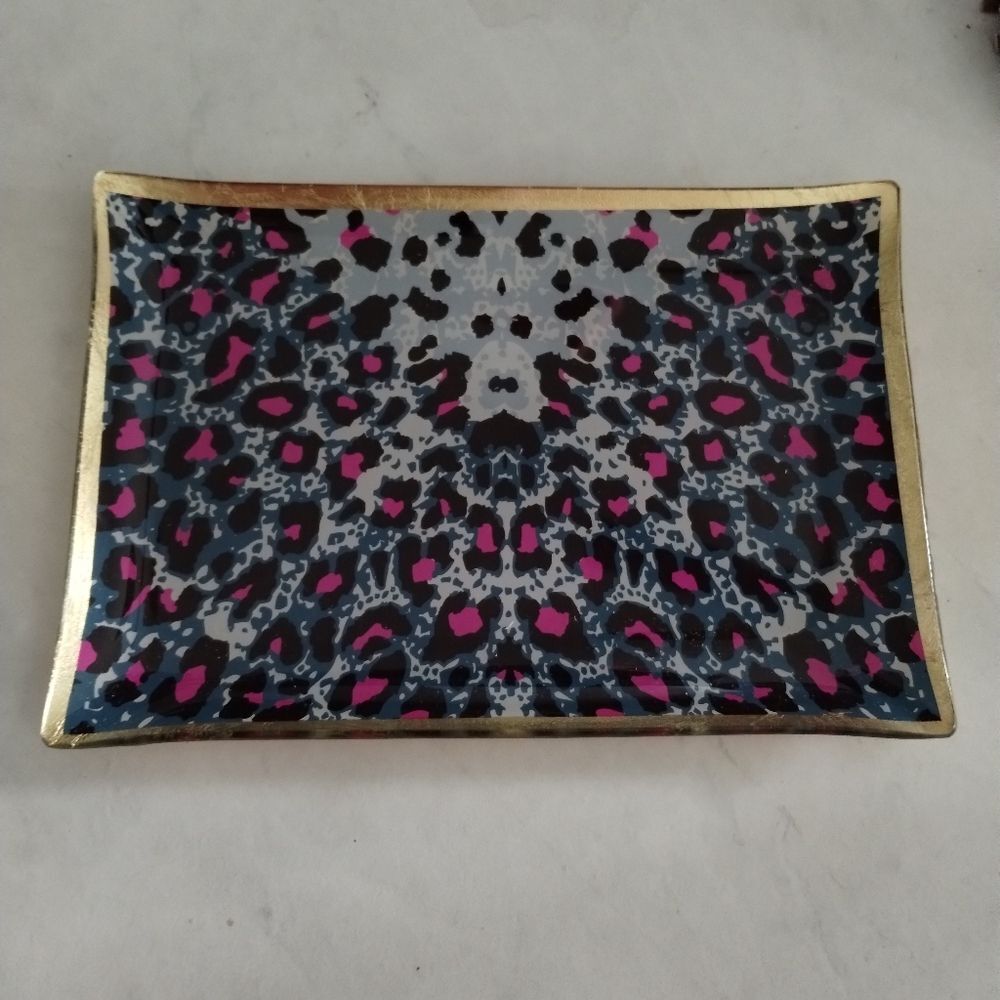Bath & Body Works Gold and Pink Animal Print Jewelry Tray